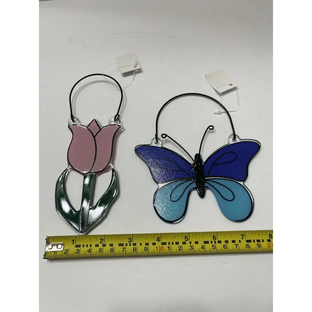 Mud Pie Suncatchers Set Of 2 Pink Tulip Blue Butterfly Black Metal Frame Hook